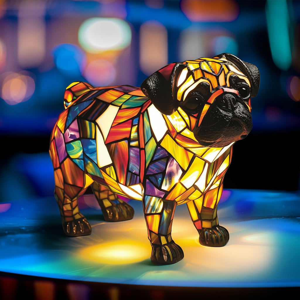 Lámpara de mesa decorativa con figura escultórica de perro de resina y vidrio emplomado