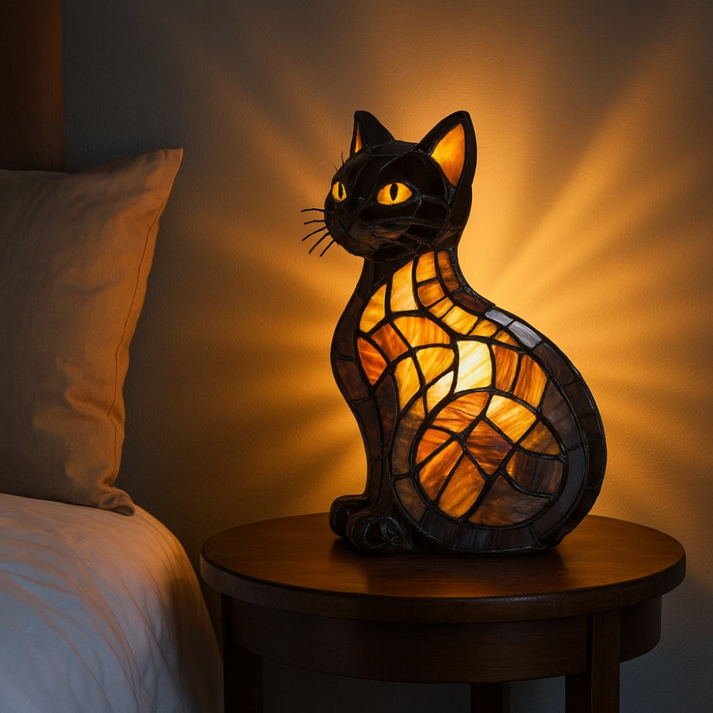 Lámpara de mesa y luz nocturna con figura de gato estilo vidrio emplomado