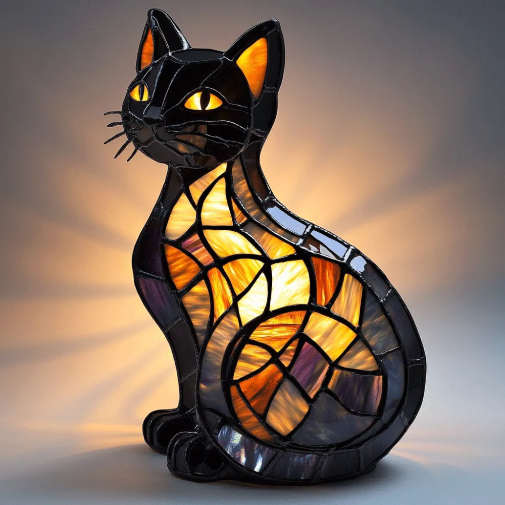 Lámpara de mesa y luz nocturna con figura de gato estilo vidrio emplomado