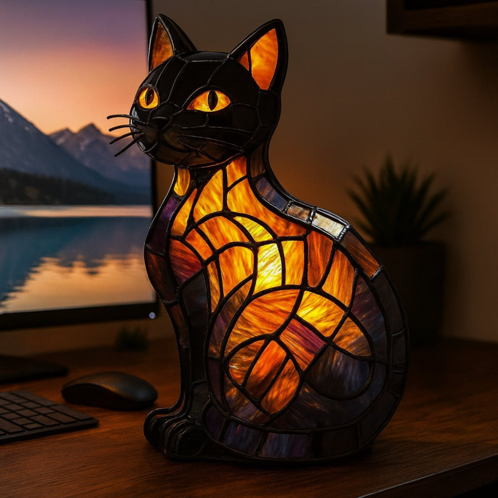 Lámpara de mesa y luz nocturna con figura de gato estilo vidrio emplomado