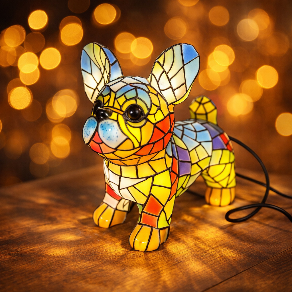 Lámpara de mesa decorativa con figura de perro en vidrio emplomado