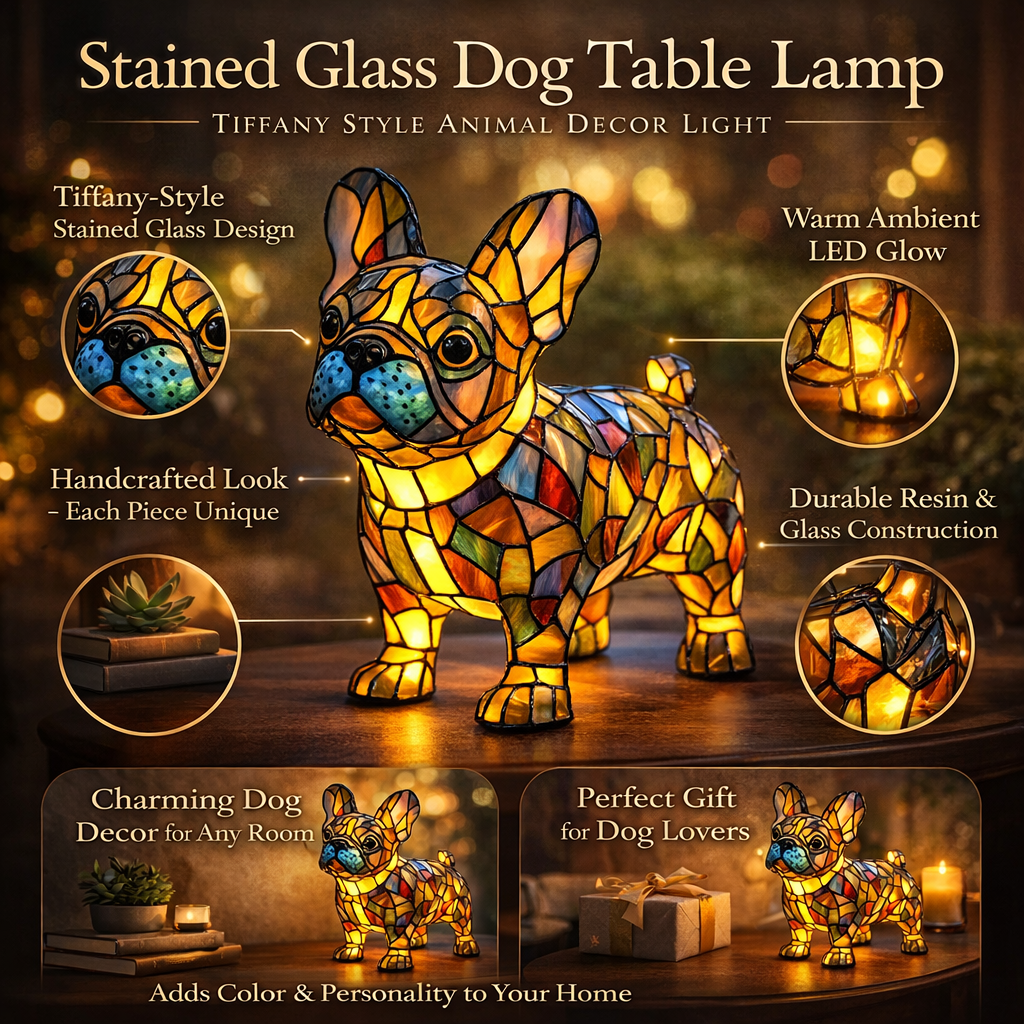 Lámpara de mesa decorativa con silueta de perro en vidrio emplomado