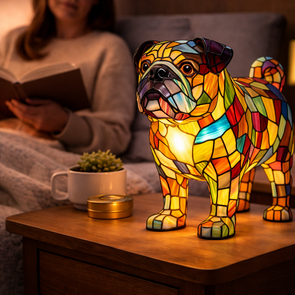 Lámpara de mesa decorativa con silueta de perro en vidrio emplomado