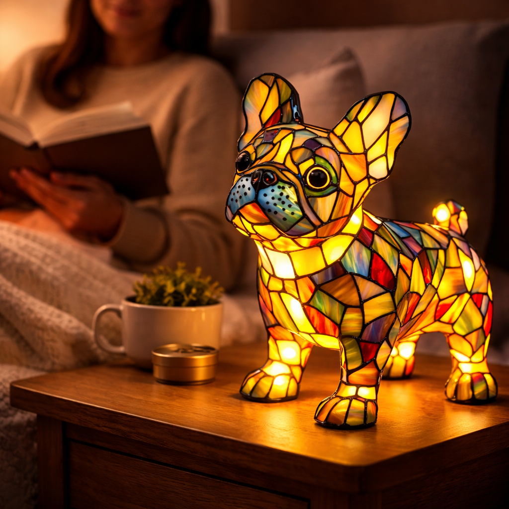 Lámpara de mesa decorativa con silueta de perro en vidrio emplomado