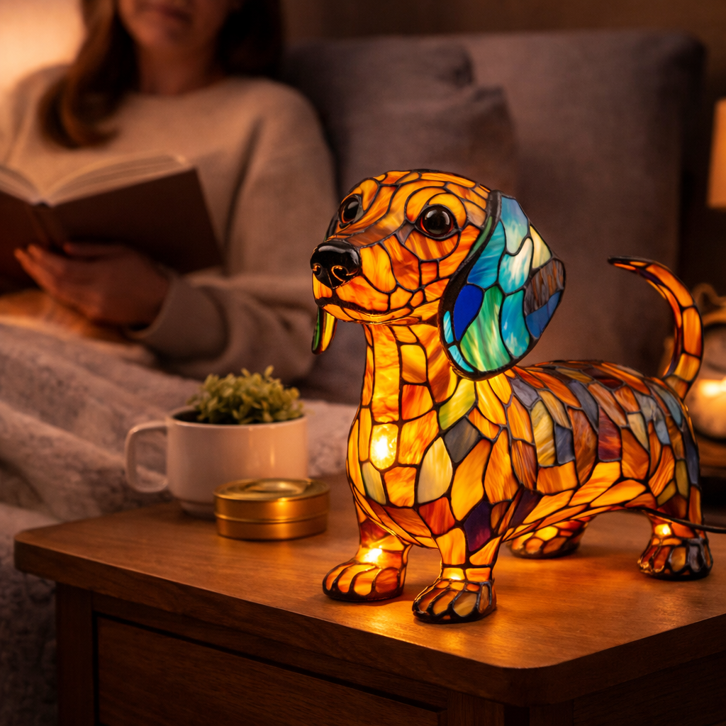 Lámpara de mesa decorativa con silueta de perro en vidrio emplomado