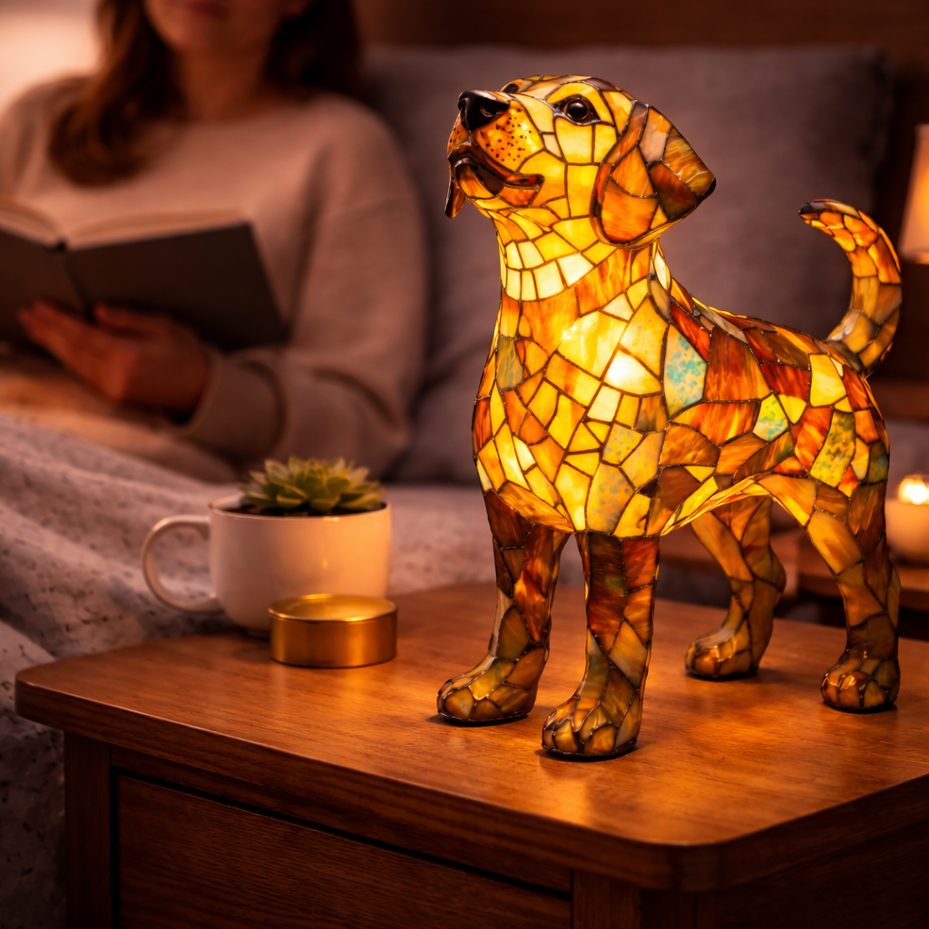 Lámpara de mesa decorativa con silueta de perro en vidrio emplomado