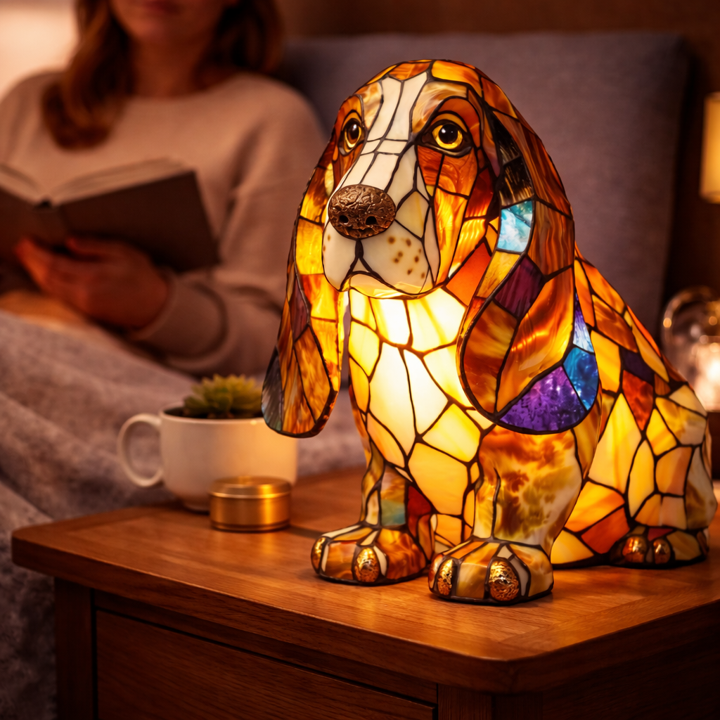 Lámpara de mesa decorativa con silueta de perro en vidrio emplomado