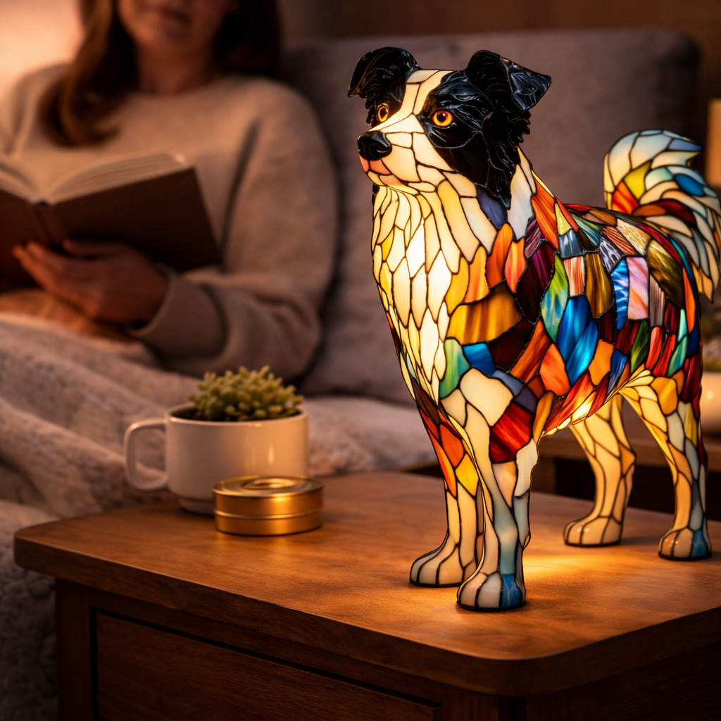 Lámpara de mesa decorativa con silueta de perro en vidrio emplomado