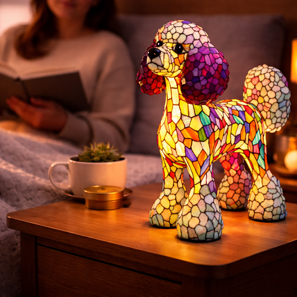 Lámpara de mesa decorativa con silueta de perro en vidrio emplomado