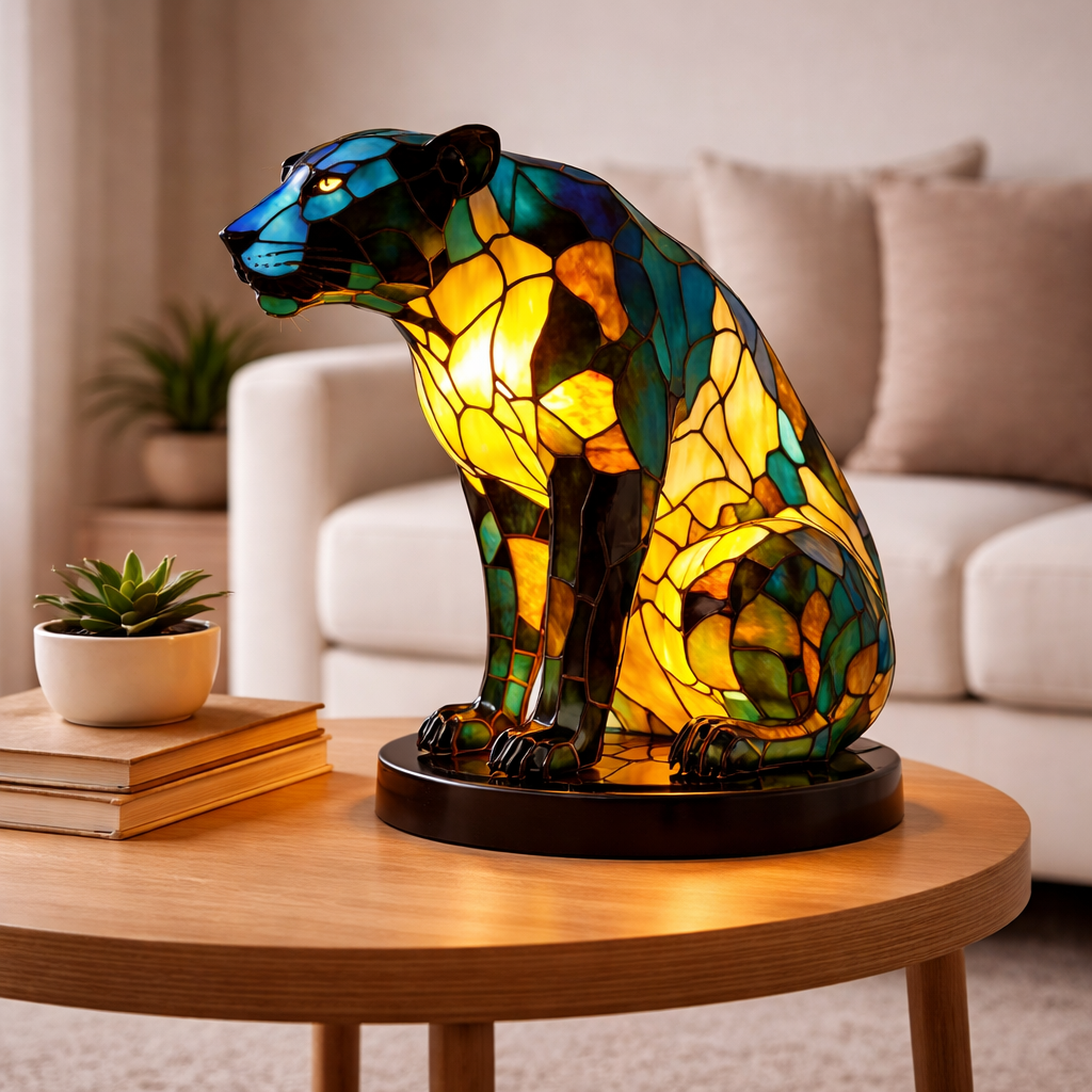 Lámpara de mesa decorativa con figura de animal estilo vitral
