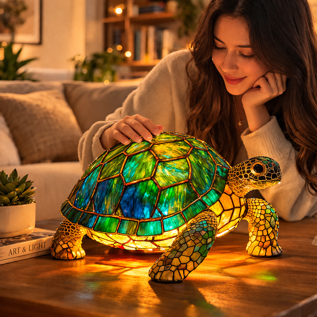 Lámpara de mesa decorativa con figura de animal estilo vitral