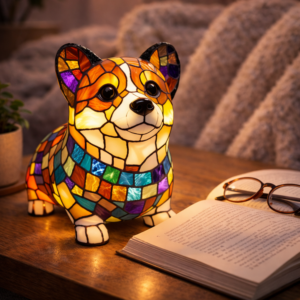 Lámpara de mesa y luz nocturna con figura de perro de resina y vidrio emplomado