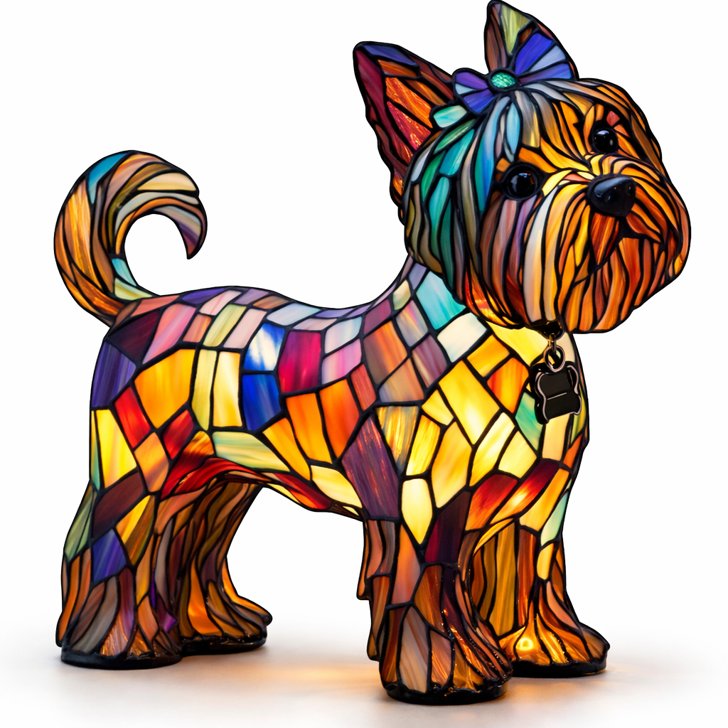 Lámpara de mesa decorativa con silueta de perro en vidrio emplomado