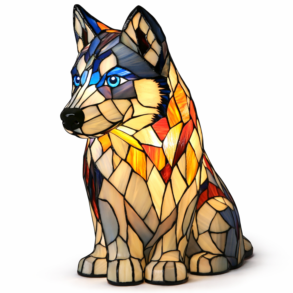 Lámpara de mesa decorativa con silueta de perro en vidrio emplomado