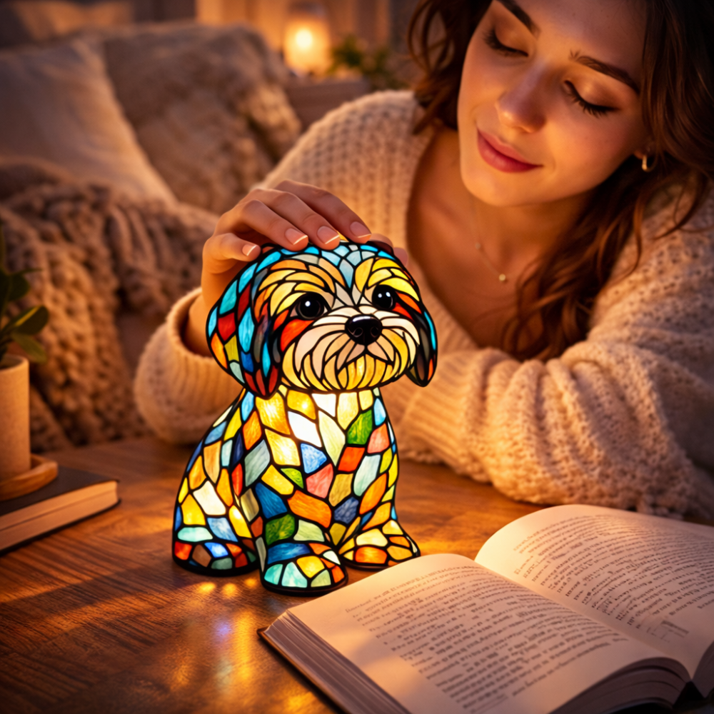 Lámpara de mesa y luz nocturna con figura de perro de resina y vidrio emplomado