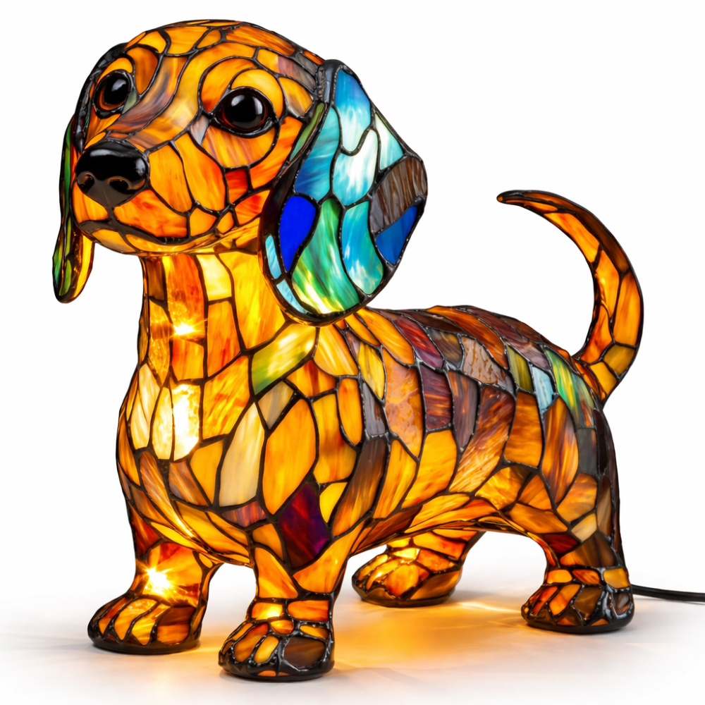 Lámpara de mesa decorativa de noche con silueta de perro en vidrio emplomado