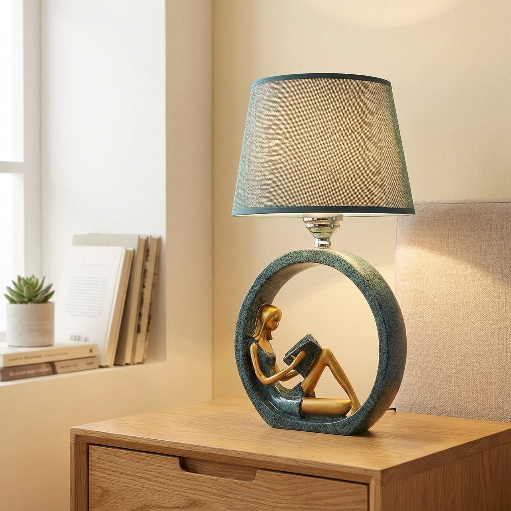 Lámpara de mesa escultórica con figurilla de niña leyendo y base de resina