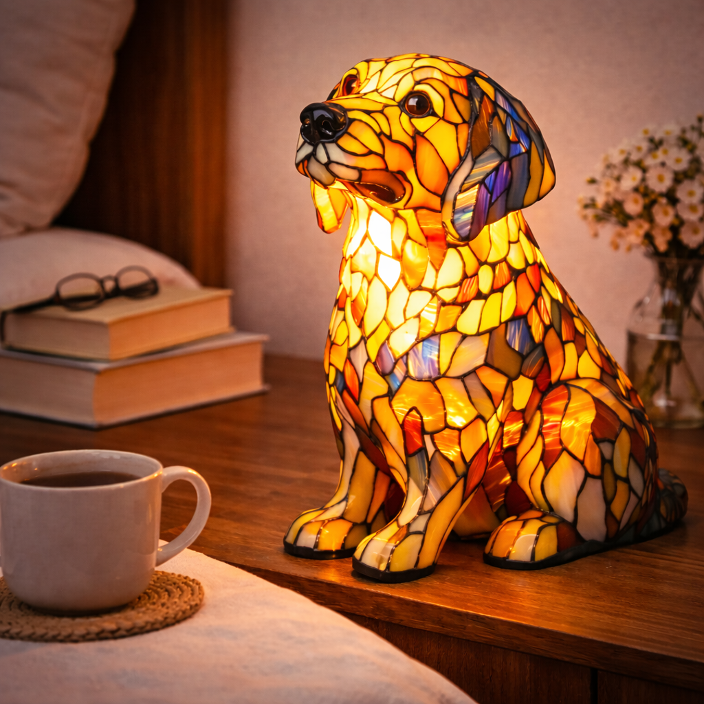 Lámpara de mesa con diseño de perro en vidrio emplomado tipo mosaico