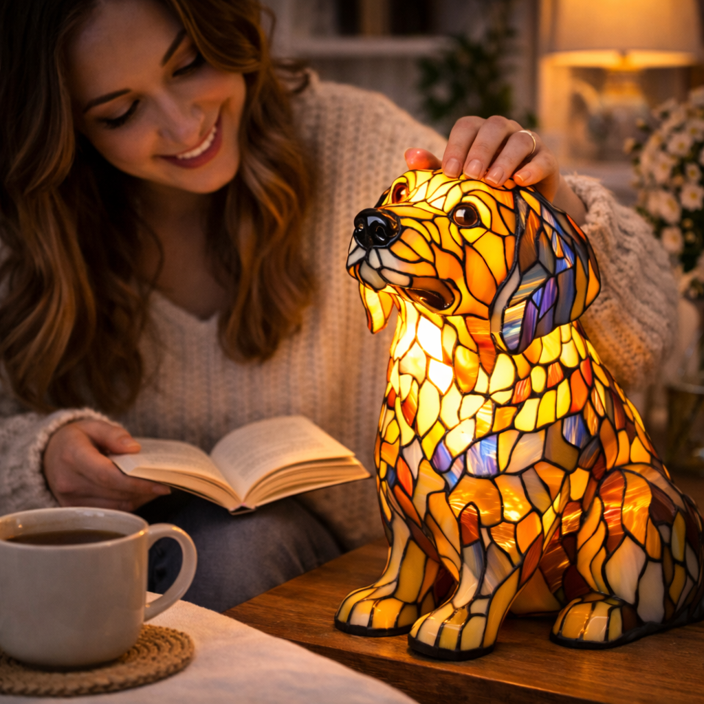 Lámpara de mesa decorativa de dormitorio con perro de vidrio emplomado tipo mosaico
