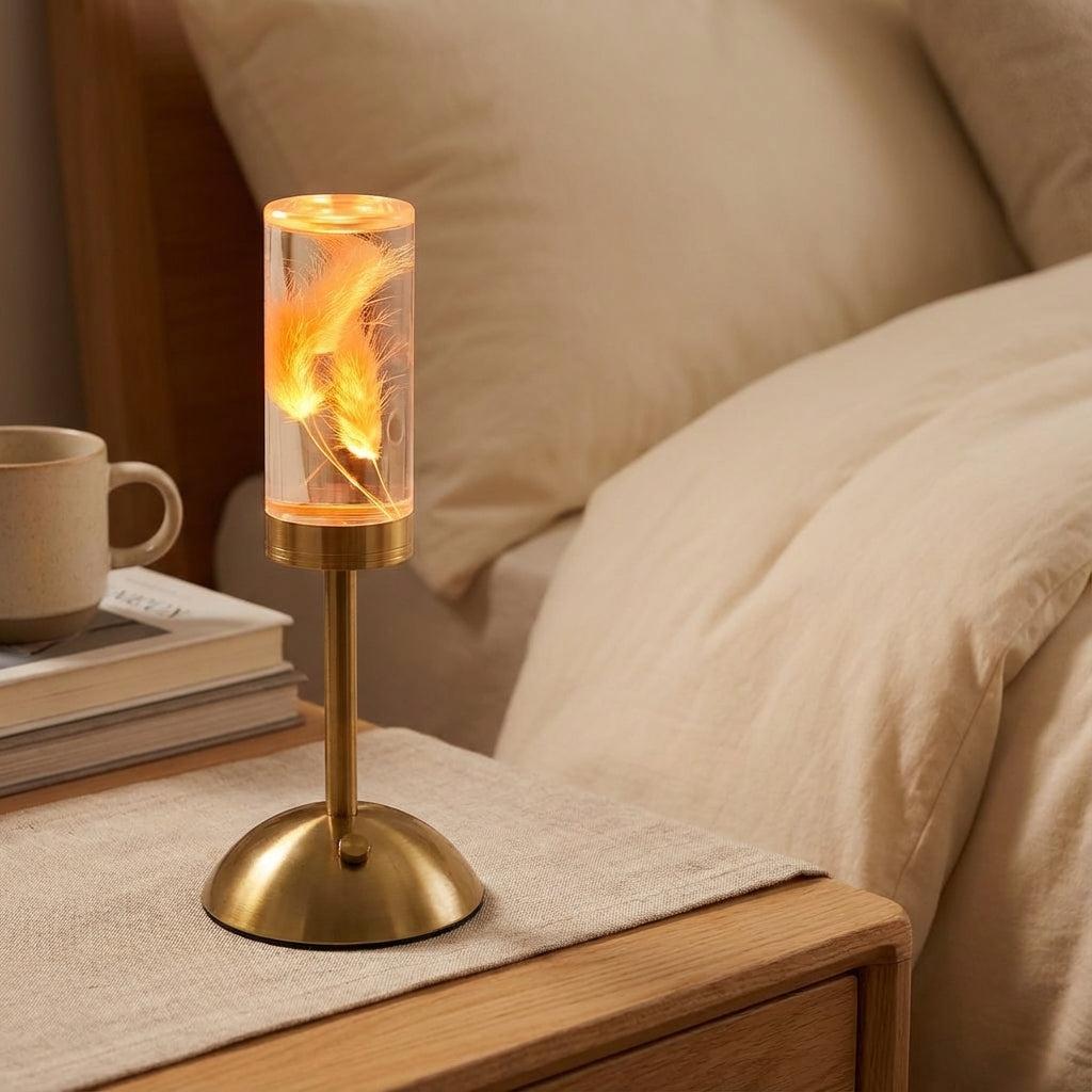 Lámpara de mesa escultural con columna floral, inalámbrica y con control táctil