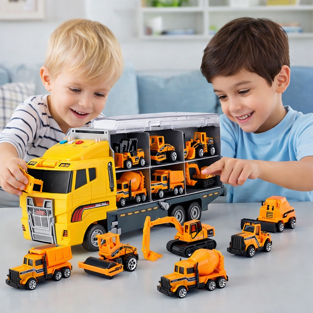 Set de juego de vehículo miniatura de construcción de aleación, con transportador