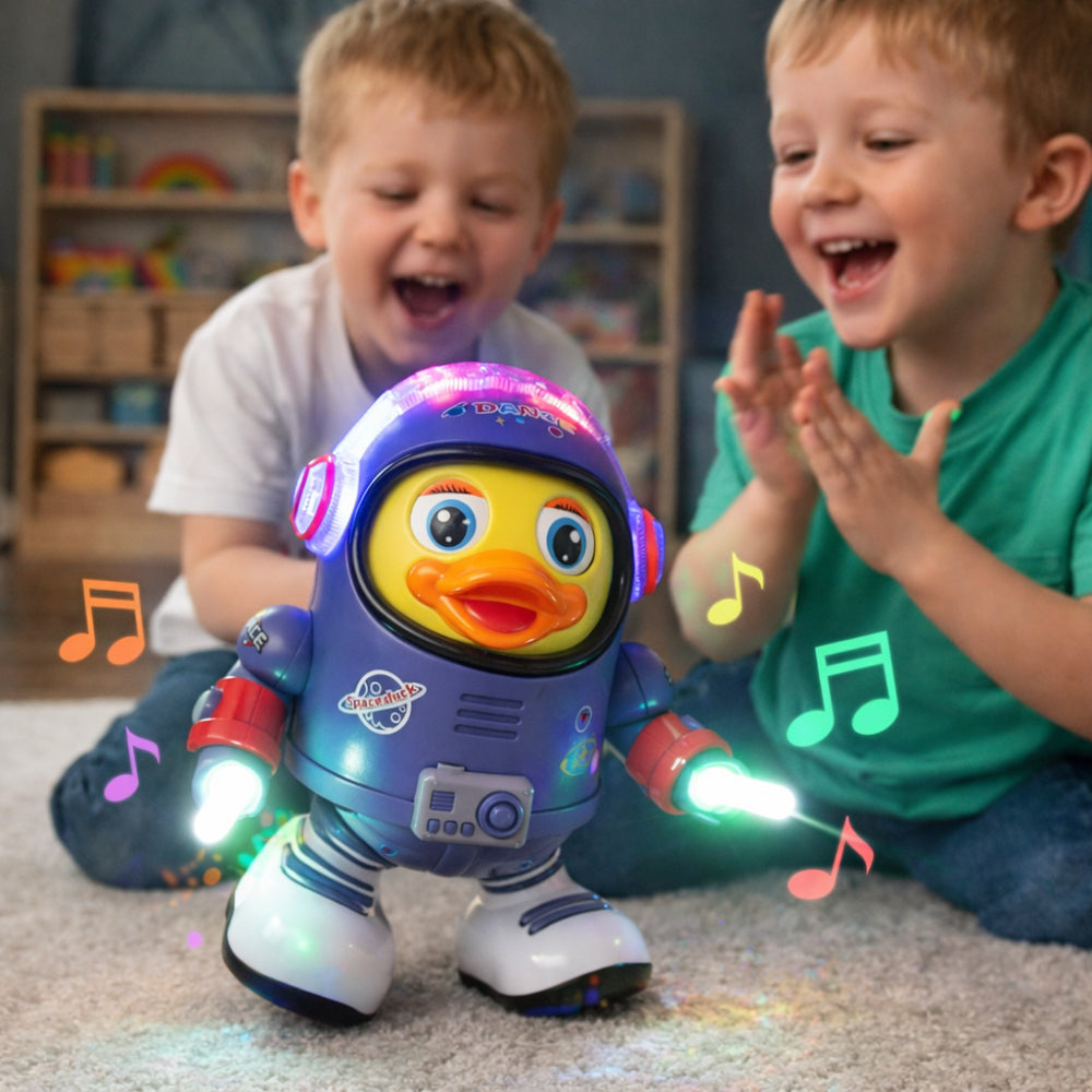 Figura de juguete interactivo musical de pato astronauta bailarín con temática espacial