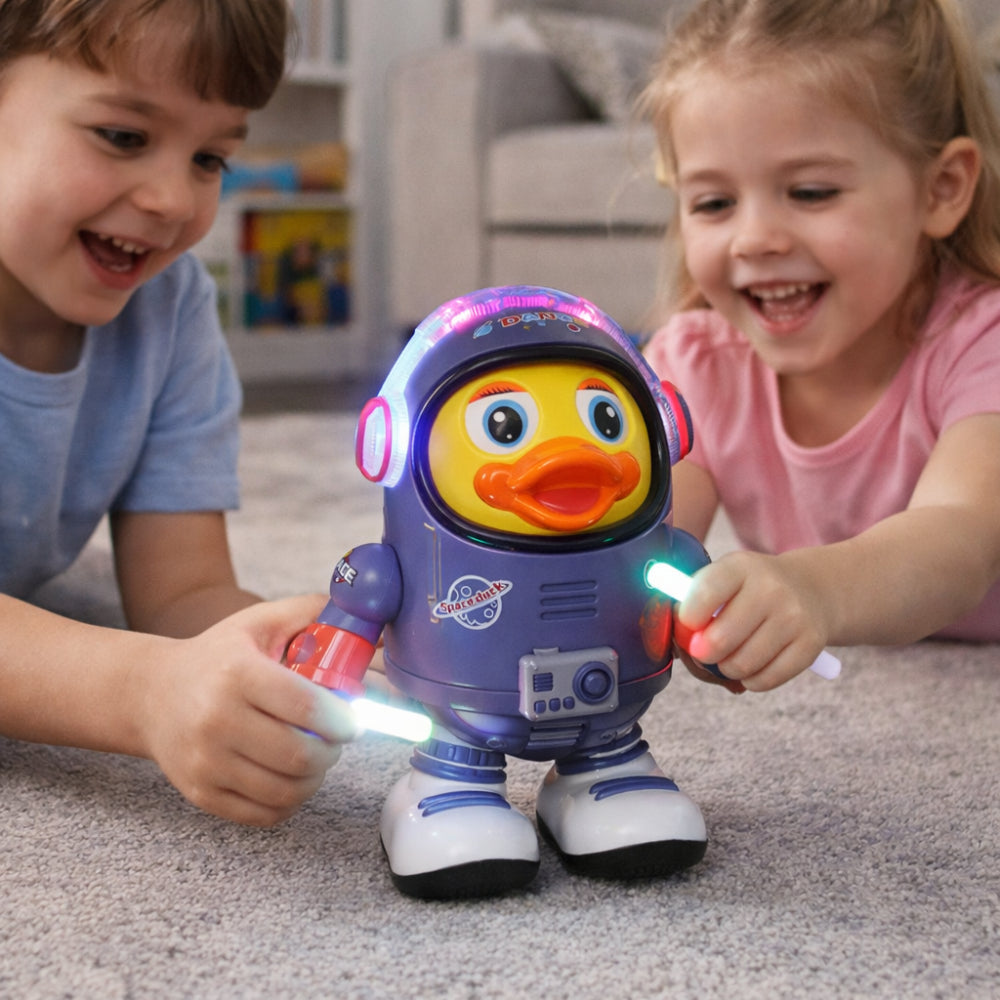 Figura de juguete interactivo musical de pato astronauta bailarín con temática espacial