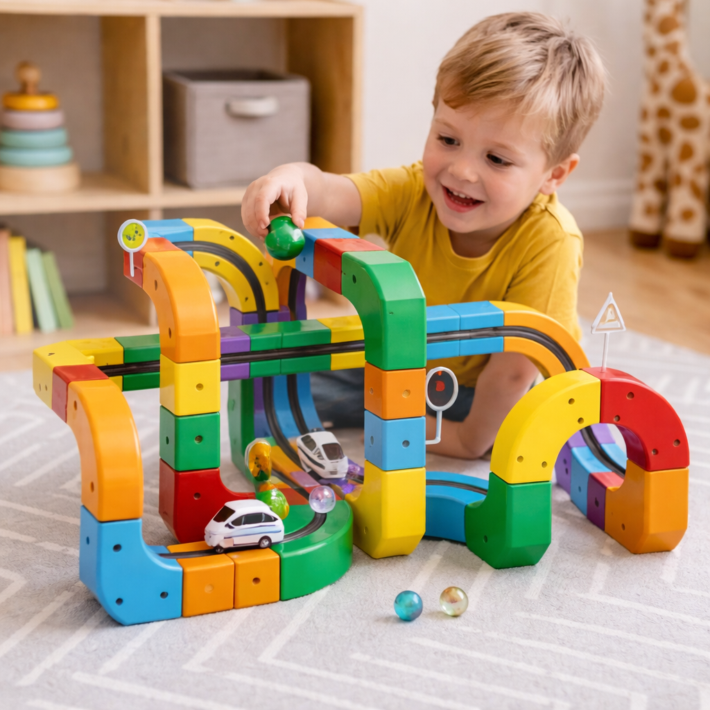 Set de juguete de bloques de construcción modulares apilables con pista para canicas