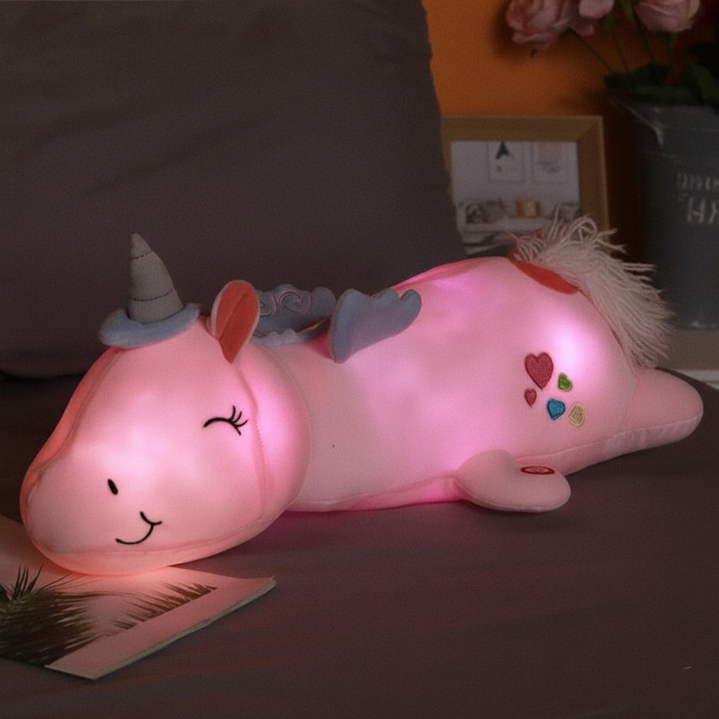 Juguete de luz nocturna de unicornio de peluche suave y abrazable con brillo