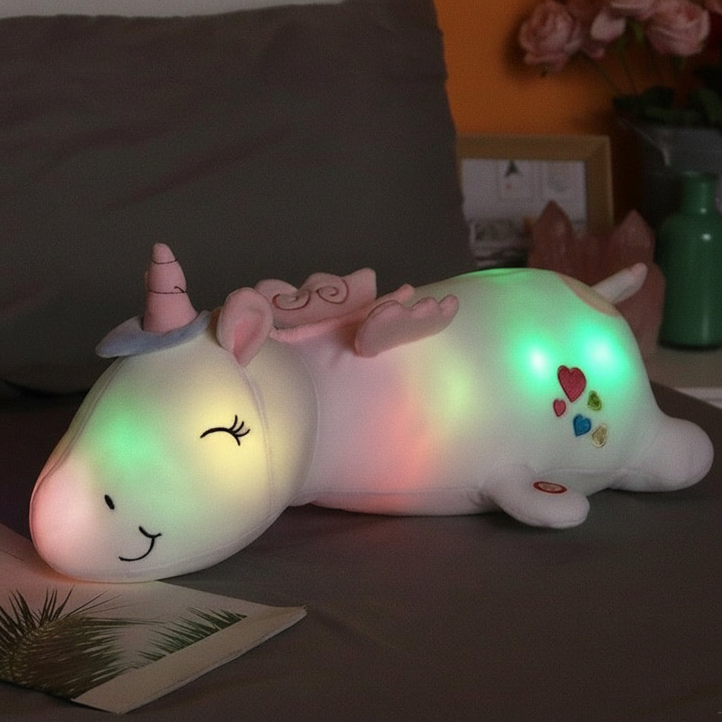 Juguete de luz nocturna de unicornio de peluche suave y abrazable con brillo