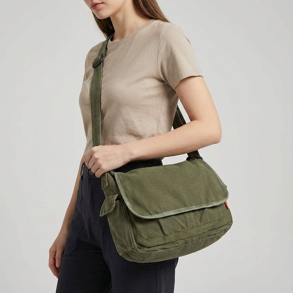Bolso bandolera vintage de lona de algodón reforzada con correa ajustable