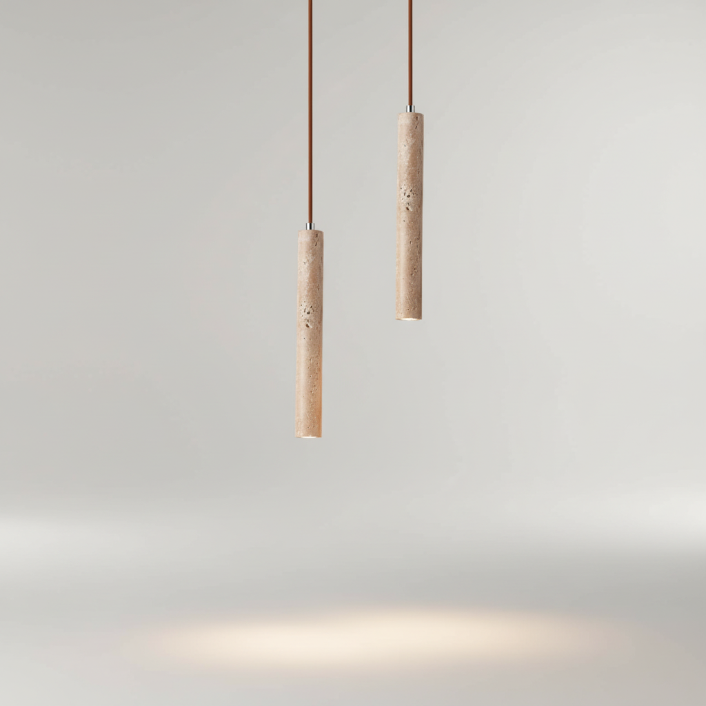 Lámpara colgante orgánica de perfil delgado con textura de travertino wabi-sabi