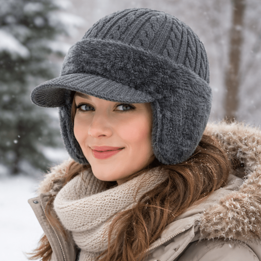 Gorro orejero de invierno cortavientos de punto trenzado con visera