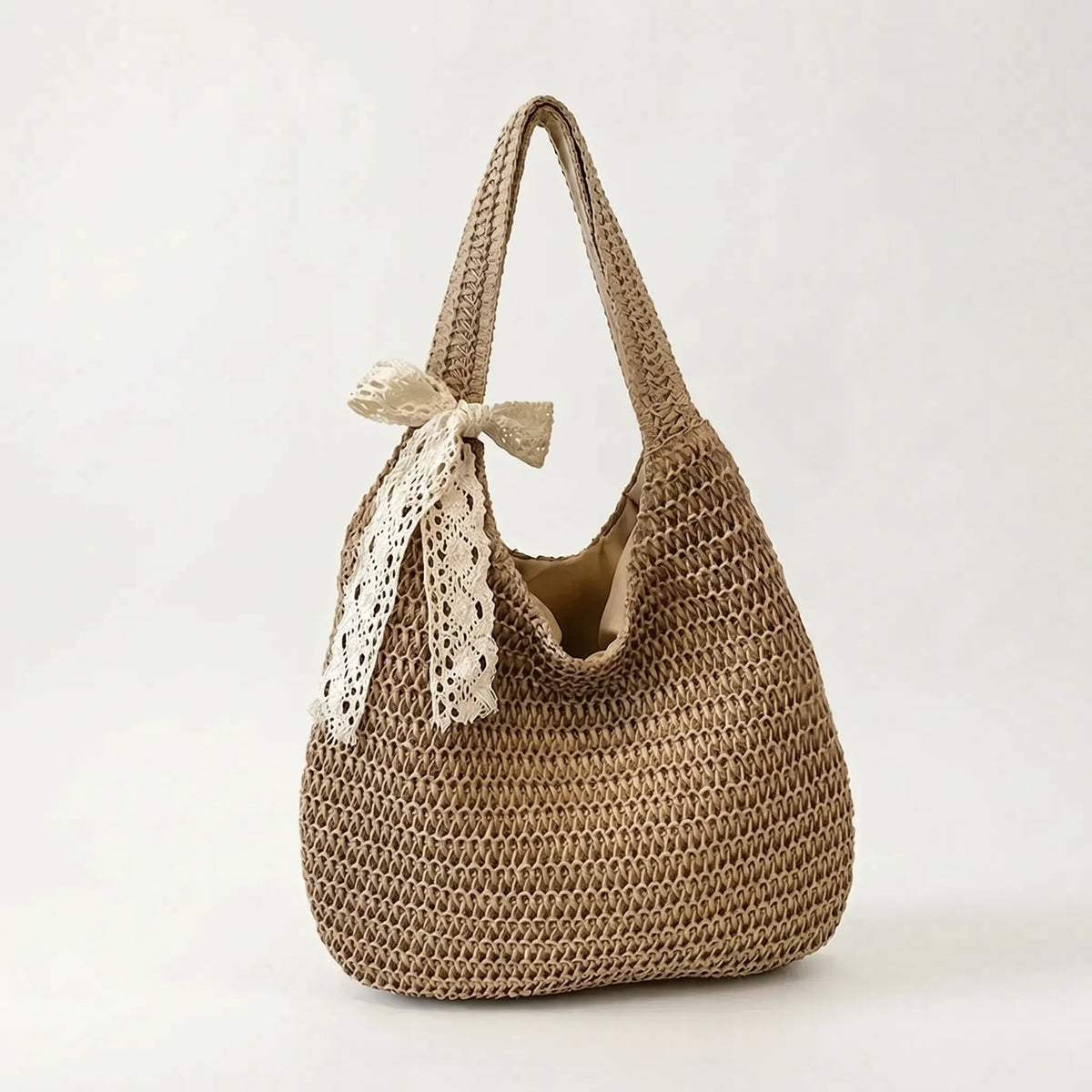 Bolso tote de hombro informal de paja tejida, con parte superior abierta y diseño holgado