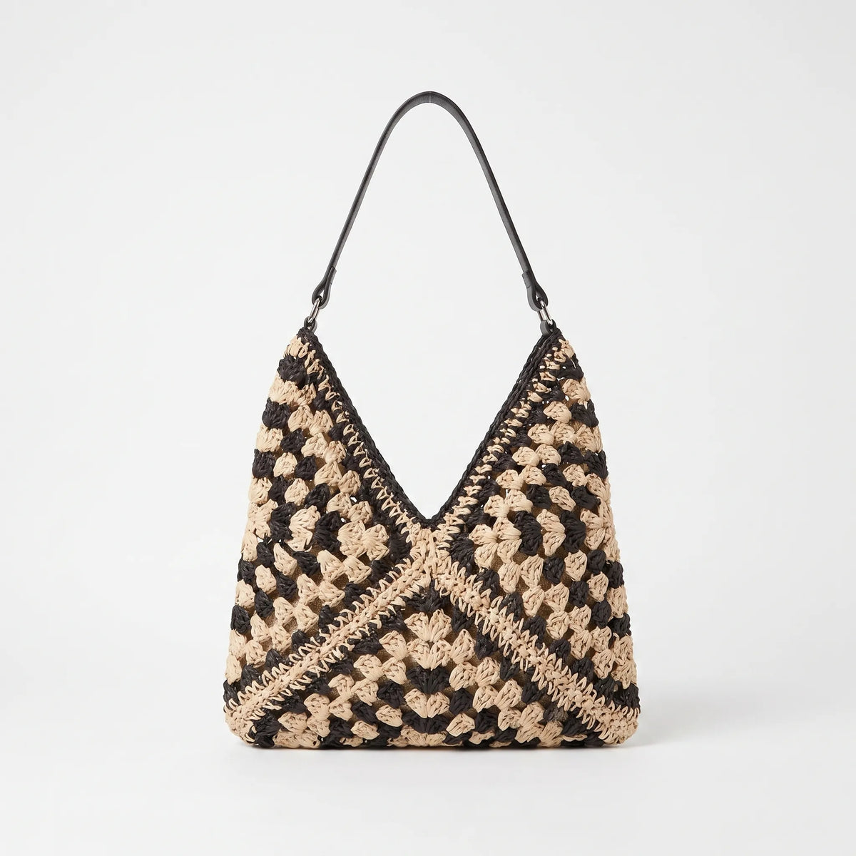 Bolso tote de hombro de paja tejida bicolor, holgado y abierto por arriba