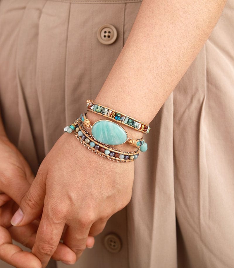 Pulsera envolvente bohemia artesanal de piedra de amazonita natural