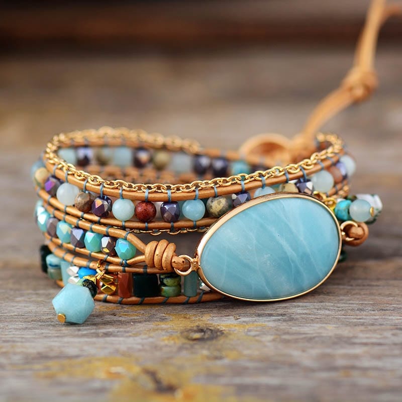 Pulsera envolvente bohemia artesanal de piedra de amazonita natural