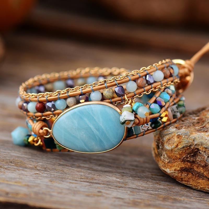 Pulsera envolvente bohemia artesanal de piedra de amazonita natural