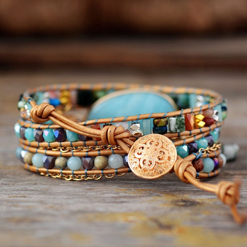 Pulsera envolvente bohemia artesanal de piedra de amazonita natural