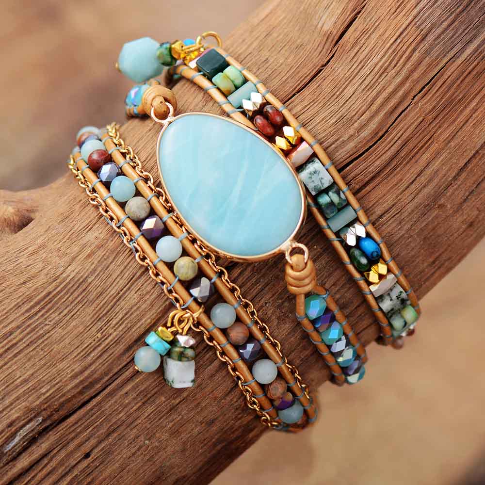 Pulsera envolvente bohemia artesanal de piedra de amazonita natural