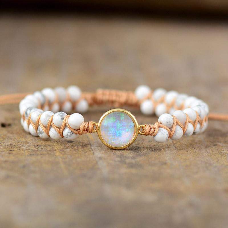 Pulsera bohemia artesanal de cuentas de amatista y ópalo para yoga