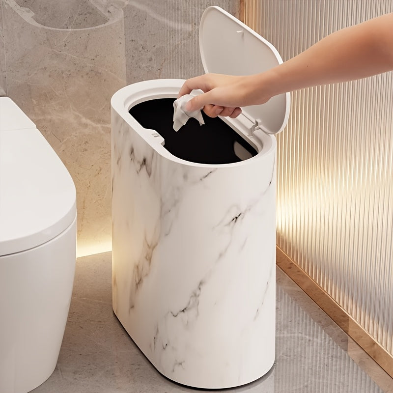 Papelera ovalada con diseño de mármol y tapa ajustada