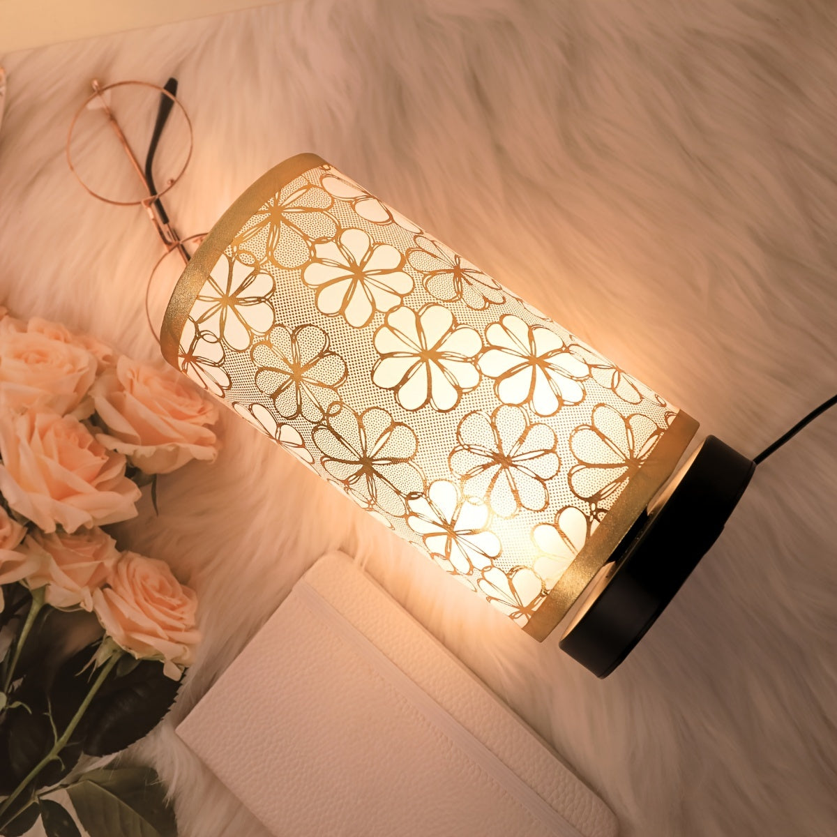 Lámpara de mesa nórdica con pantalla de tela con diseño de girasol y USB