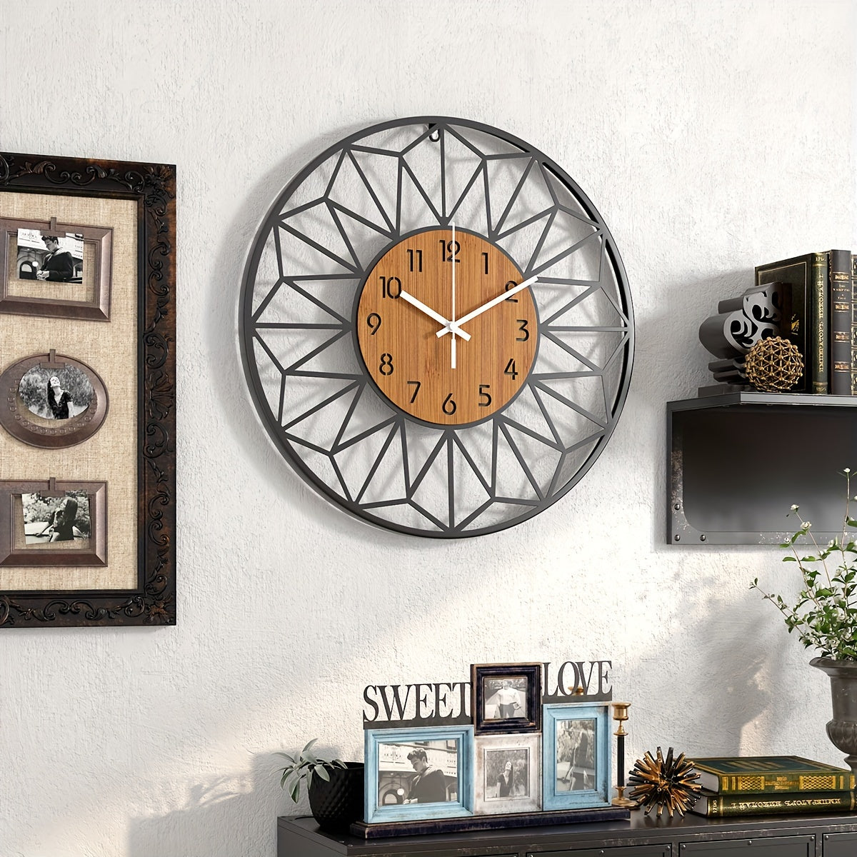 Reloj de pared de cuarzo silencioso redondo con grano de madera industrial