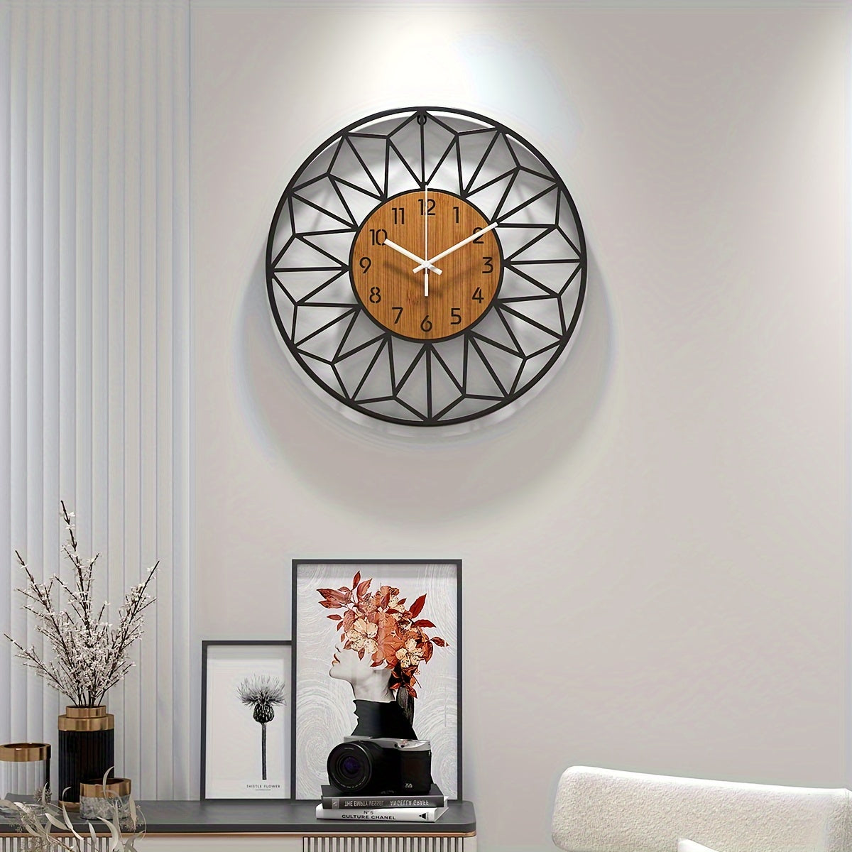 Reloj de pared de cuarzo silencioso redondo con grano de madera industrial
