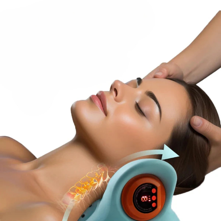 Dispositivo ergonómico portátil de masaje cervical con calor, vibración y EMS