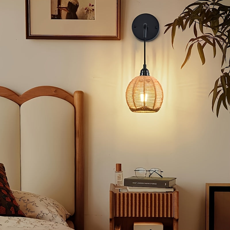 Aplique de pared ajustable de ratán tejido a mano, estilo bohemio y rústico