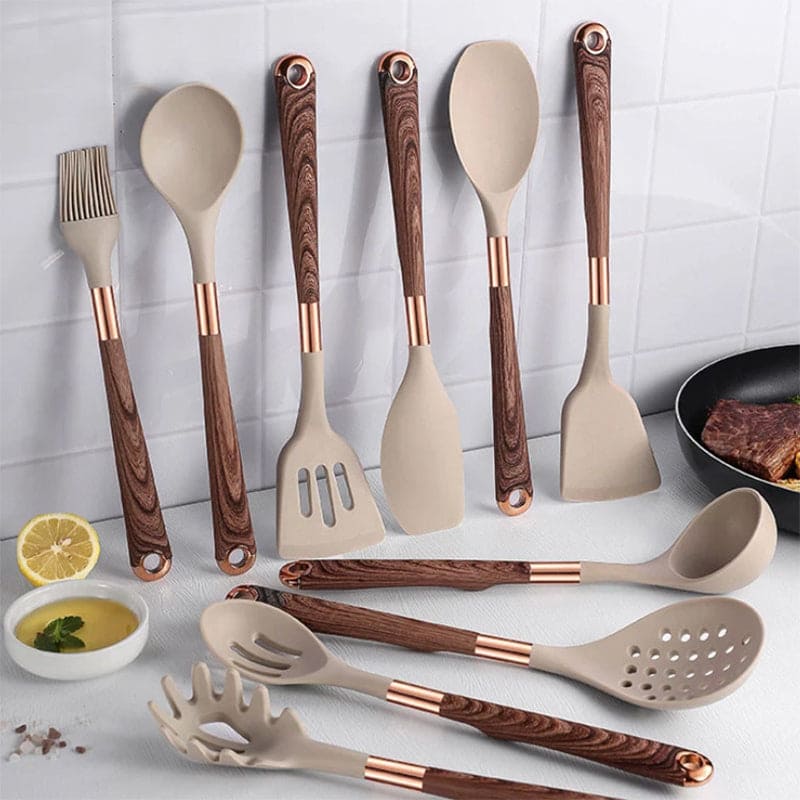 Set de utensilios de cocina de silicona apta para alimentos y mango de madera, resistente al calor
