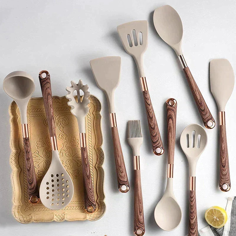 Set de utensilios de cocina de silicona apta para alimentos y mango de madera, resistente al calor