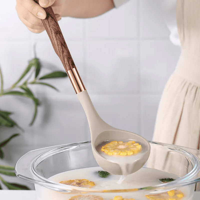 Set de utensilios de cocina de silicona apta para alimentos y mango de madera, resistente al calor